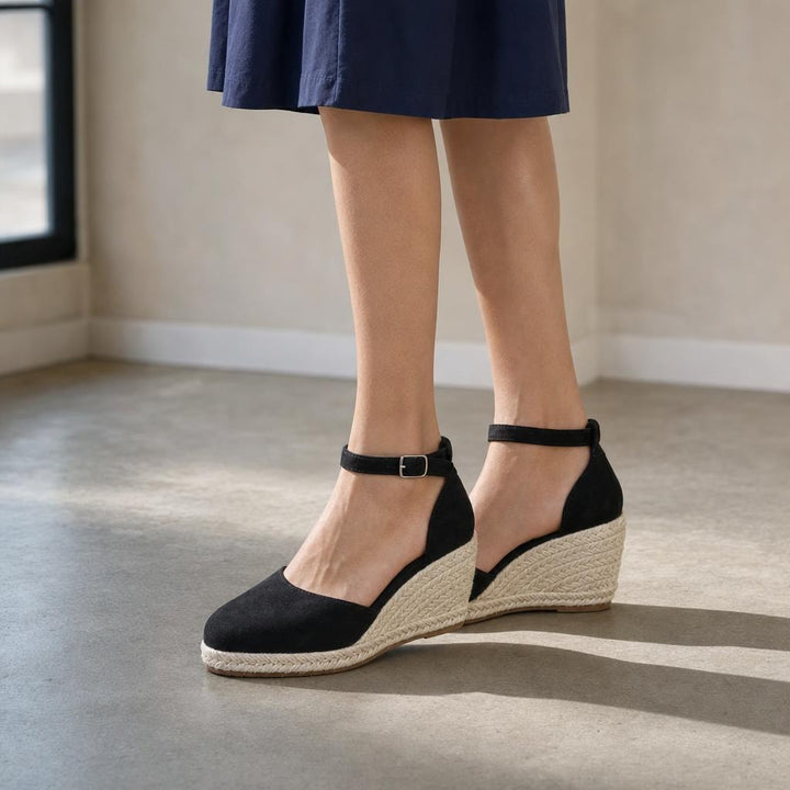 Women's Ankle Strap Wedge Sandals in Black Square Toe, front view