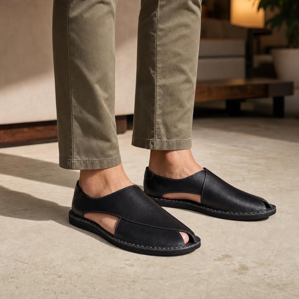 Men's Open Toe Slip On Sandals in Black, front view