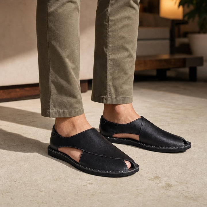 Men's Open Toe Slip On Sandals in Black, front view