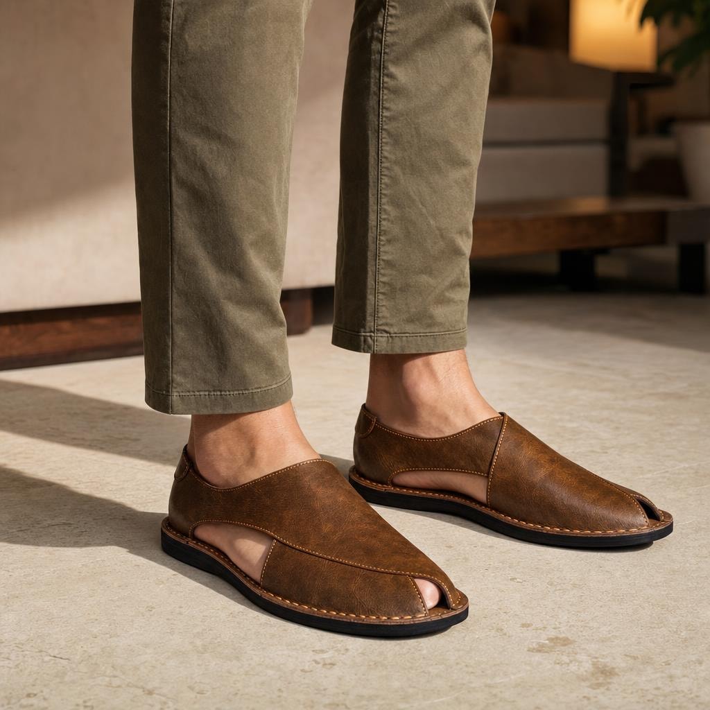 Men's Open Toe Slip On Sandals in Brown, front view