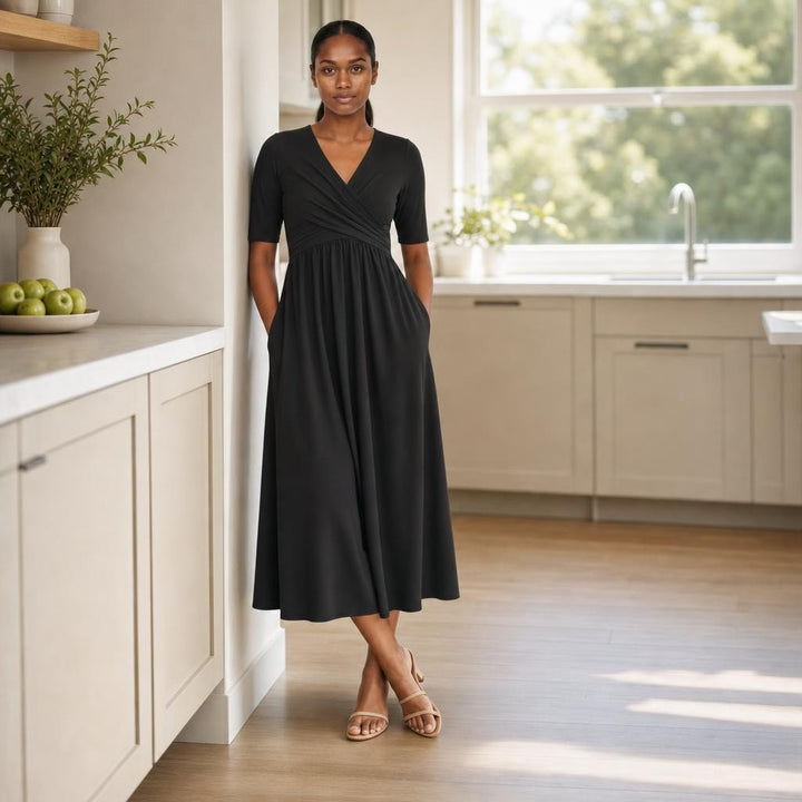 Women's Pleated Midi Dress in Black, front view