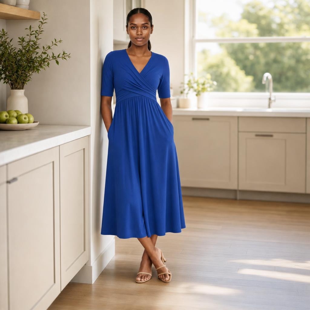 Women's Pleated Midi Dress in Blue, front view
