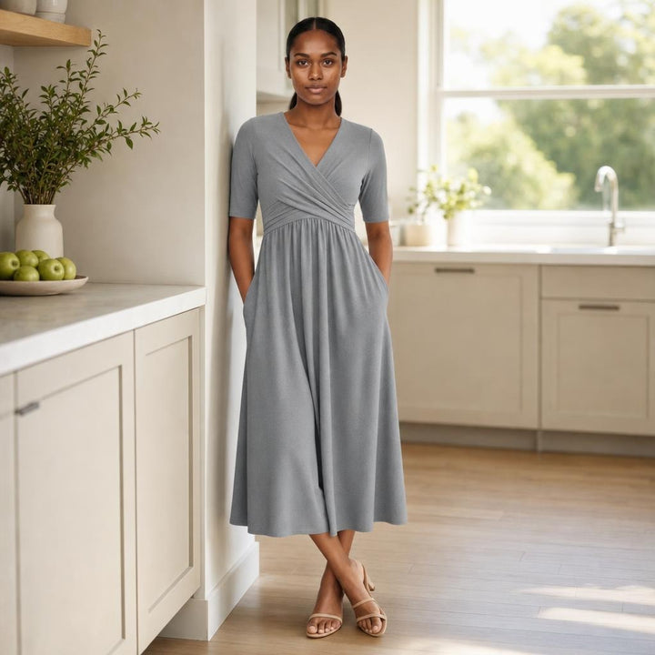 Women's Pleated Midi Dress in Gray, front view
