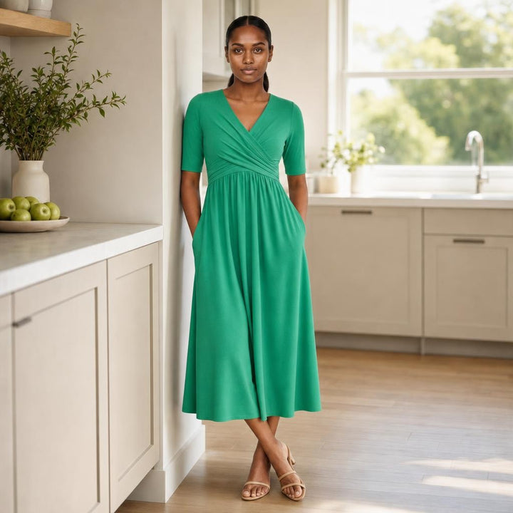 Women's Pleated Midi Dress in Green, front view