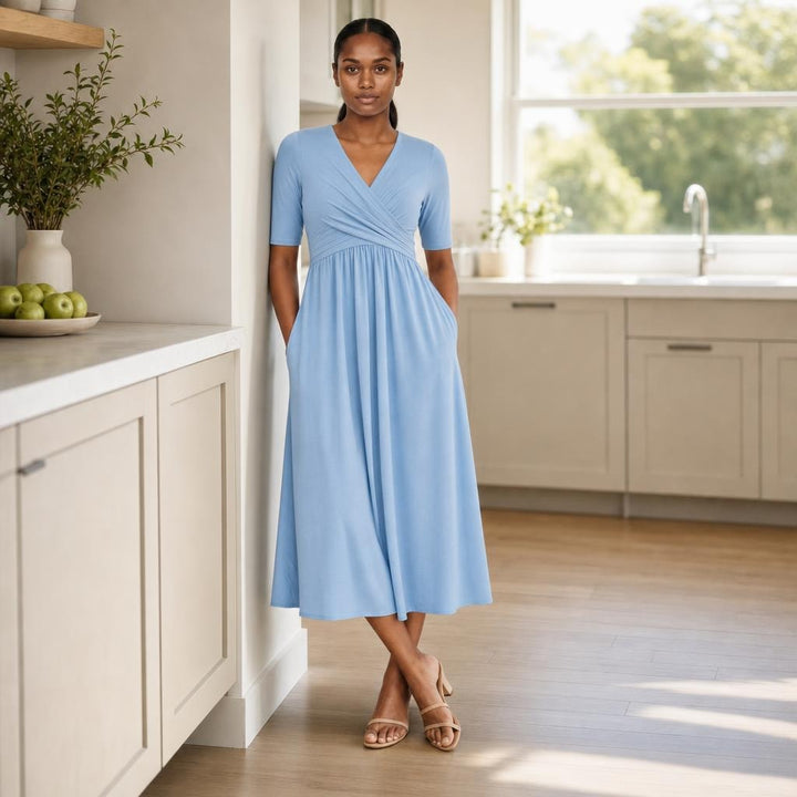 Women's Pleated Midi Dress in Light blue, front view