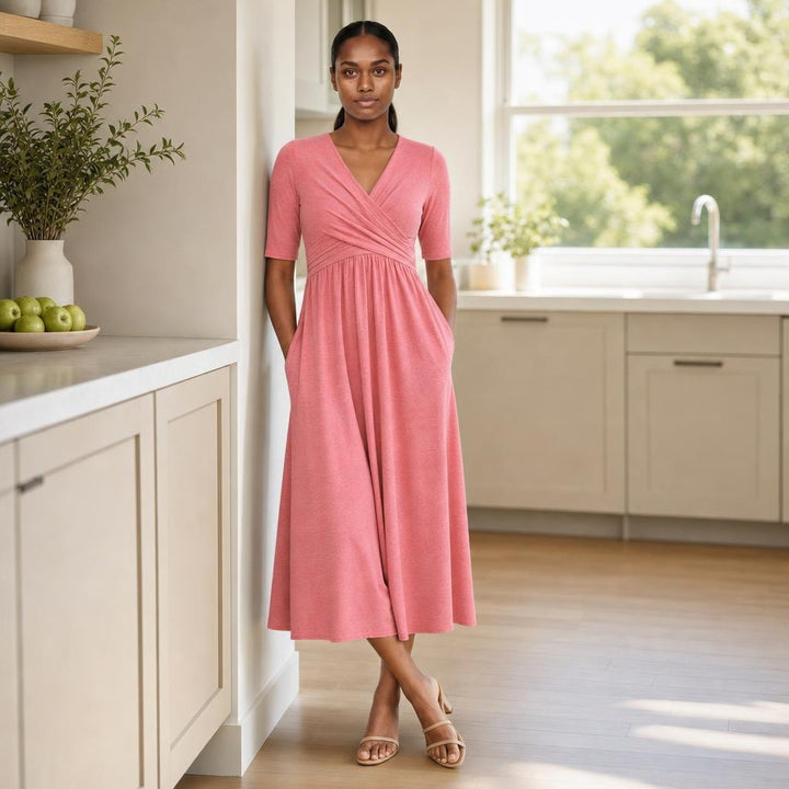 Women's Pleated Midi Dress in Pink, front view
