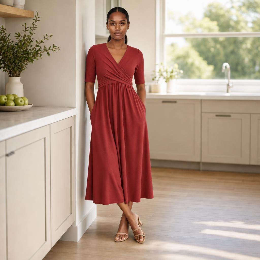 Women's Pleated Midi Dress in Red, front view