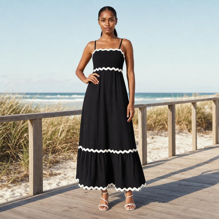 Women's Spaghetti Strap A Line Maxi Dress in Black, front view
