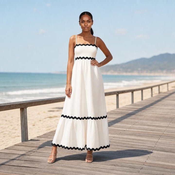 Women's Spaghetti Strap A Line Maxi Dress in White, front view