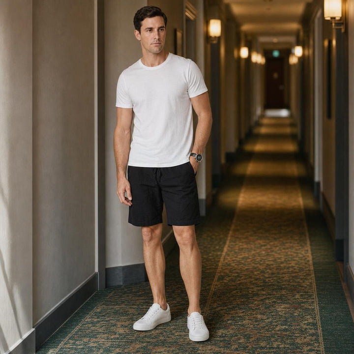 Men's Crinkled Drawstring Shorts in Black, front view