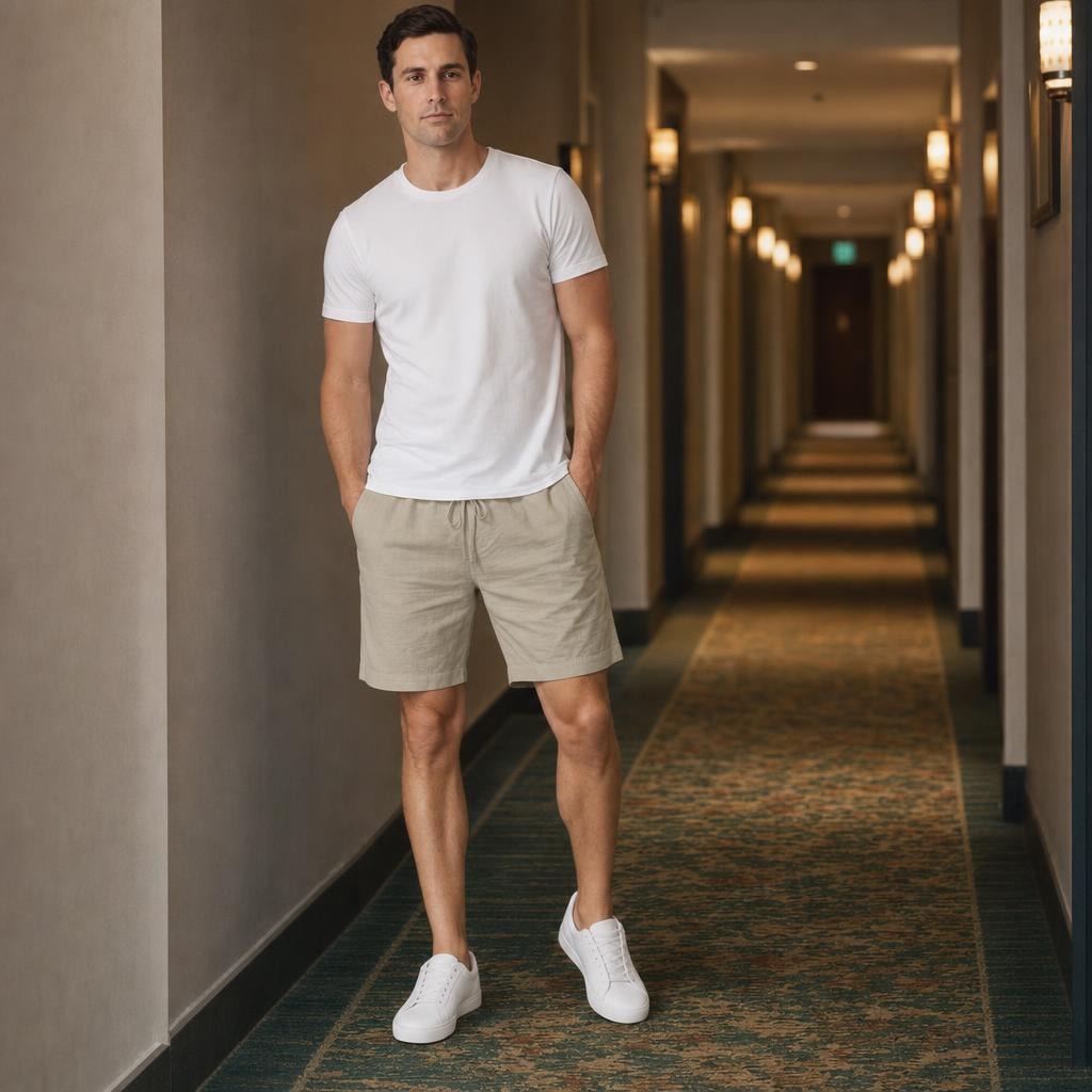 Men's Crinkled Drawstring Shorts in Khaki, front view