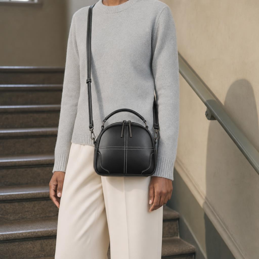 Women's Vegan Leather Crossbody Bag in Black, front view