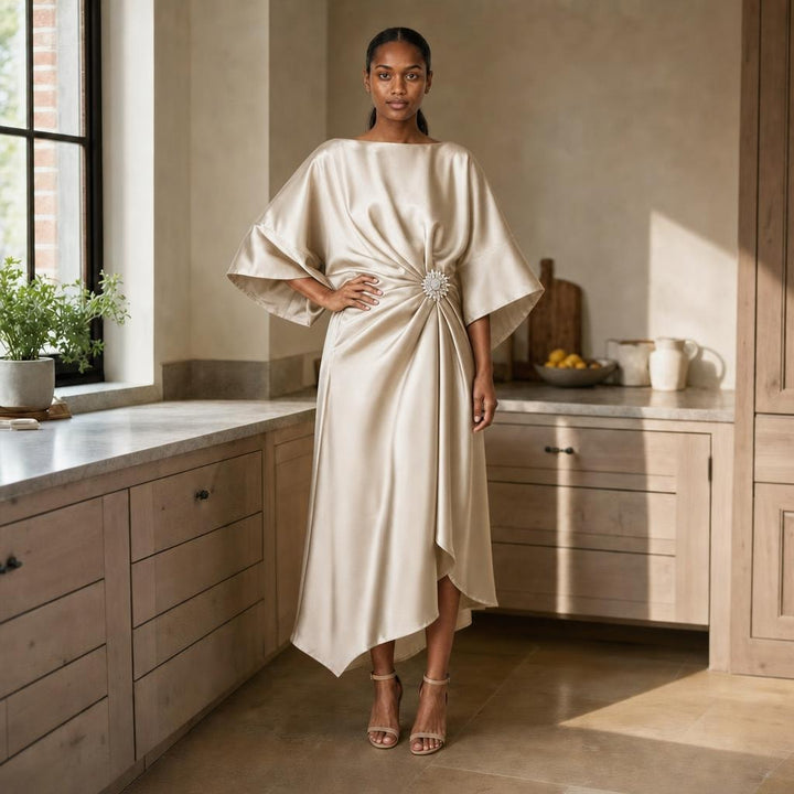 Women's Wide Sleeve Satin Midi Dress in Beige, front view