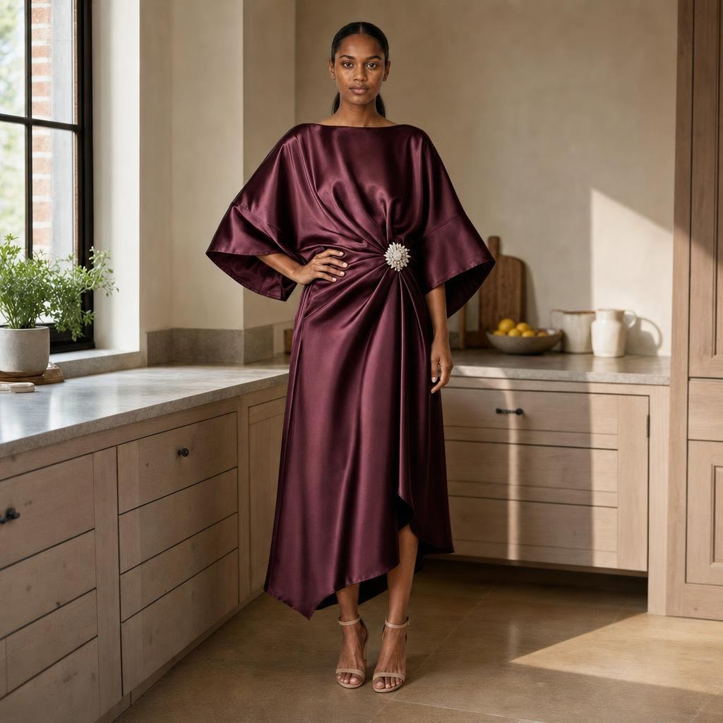 Women's Wide Sleeve Satin Midi Dress in Claret, front view