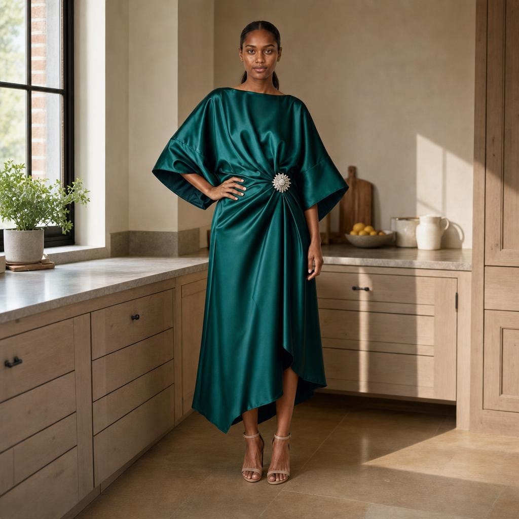 Women's Wide Sleeve Satin Midi Dress in Green, front view