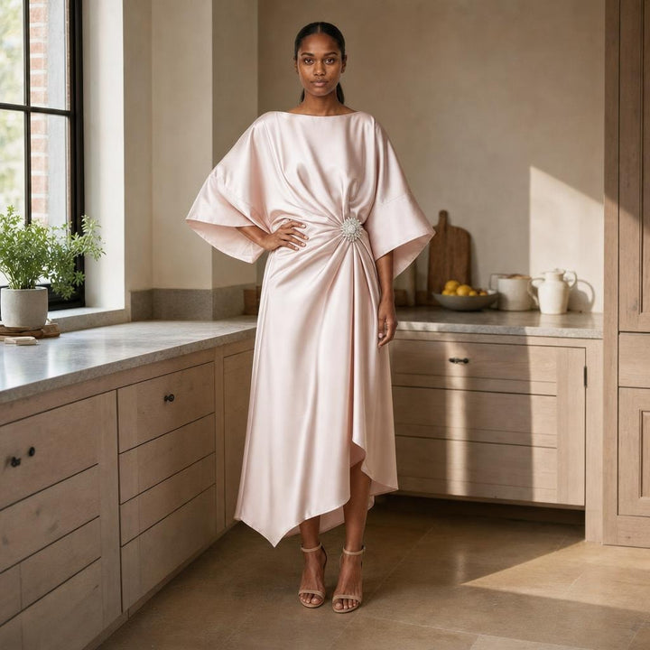 Women's Wide Sleeve Satin Midi Dress in Light Pink, front view