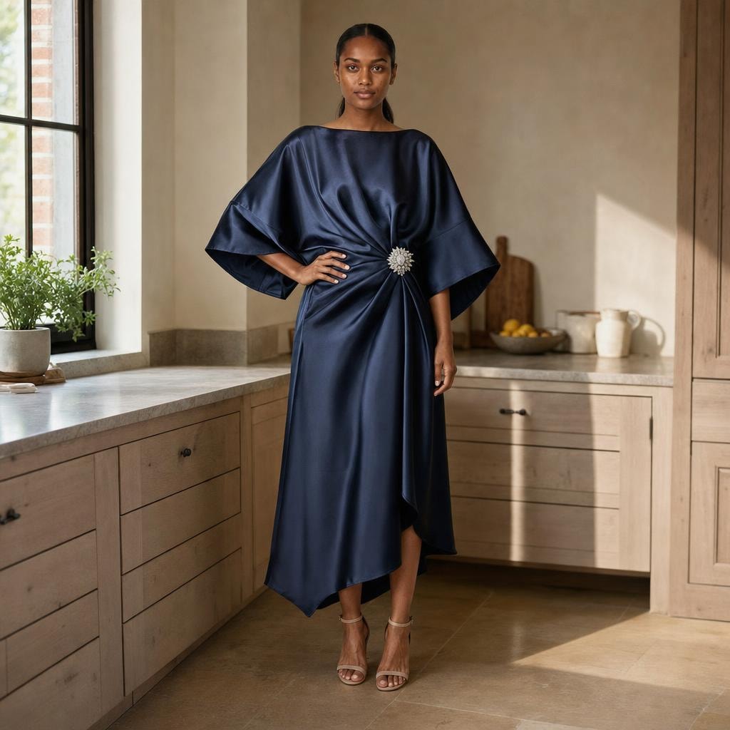 Women's Wide Sleeve Satin Midi Dress in Midnight Blue, front view