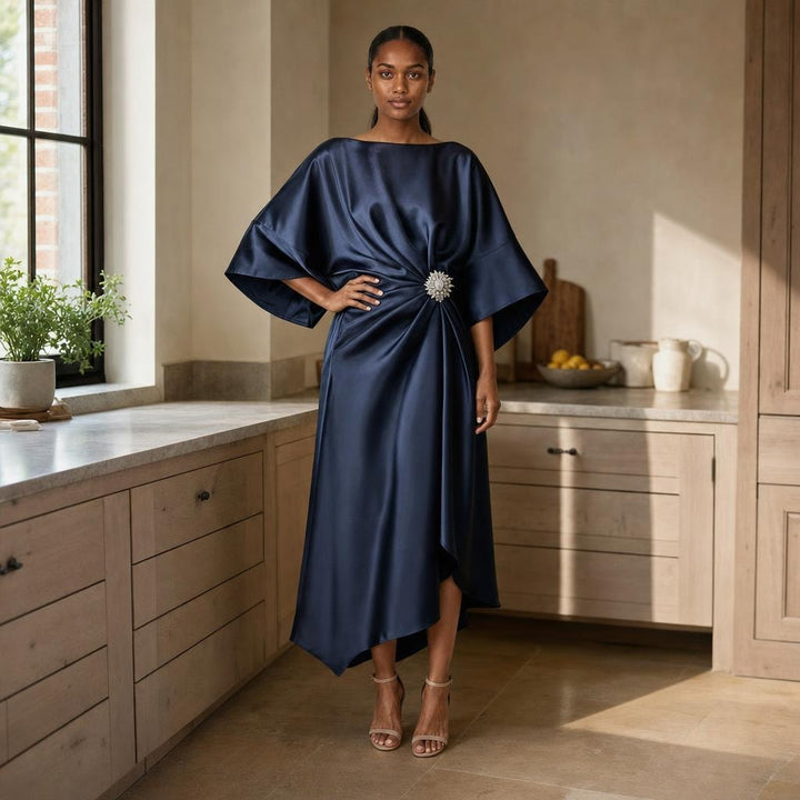 Women's Wide Sleeve Satin Midi Dress in Midnight Blue, front view