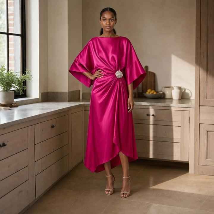 Women's Wide Sleeve Satin Midi Dress in Rose Red, front view