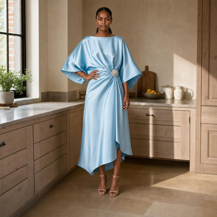 Women's Wide Sleeve Satin Midi Dress in Sky Blue, front view