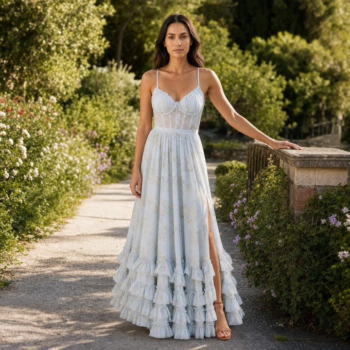 Women's Floral Corset Maxi Dress in Blue, front view