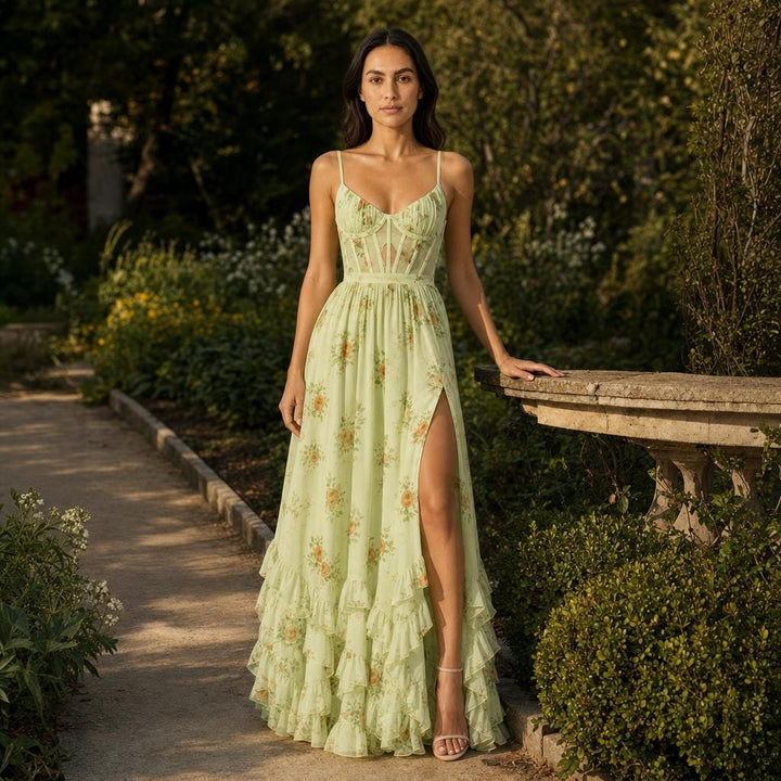 Women's Floral Corset Maxi Dress in Green, front view