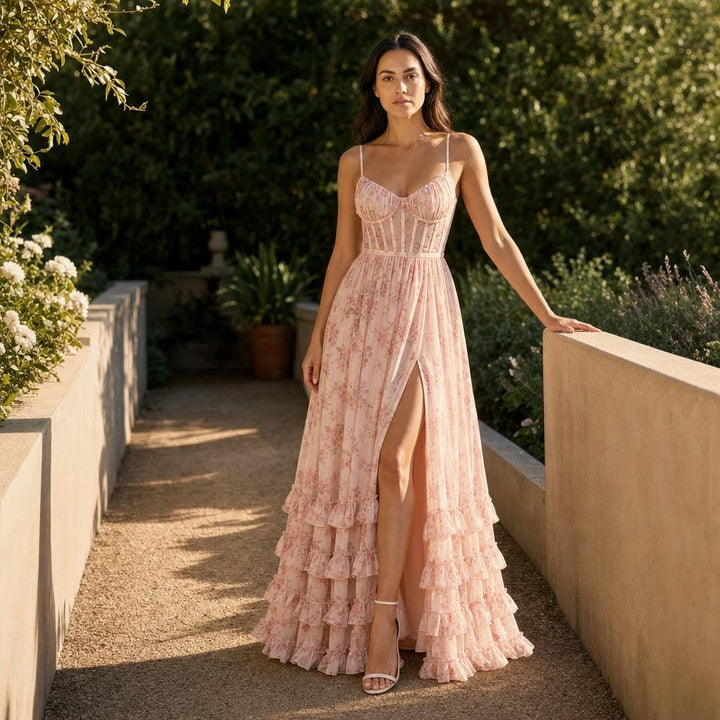 Women's Floral Corset Maxi Dress in Pink, front view