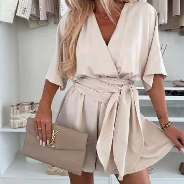Women's Short Sleeve Wrap Mini Dress in Beige
