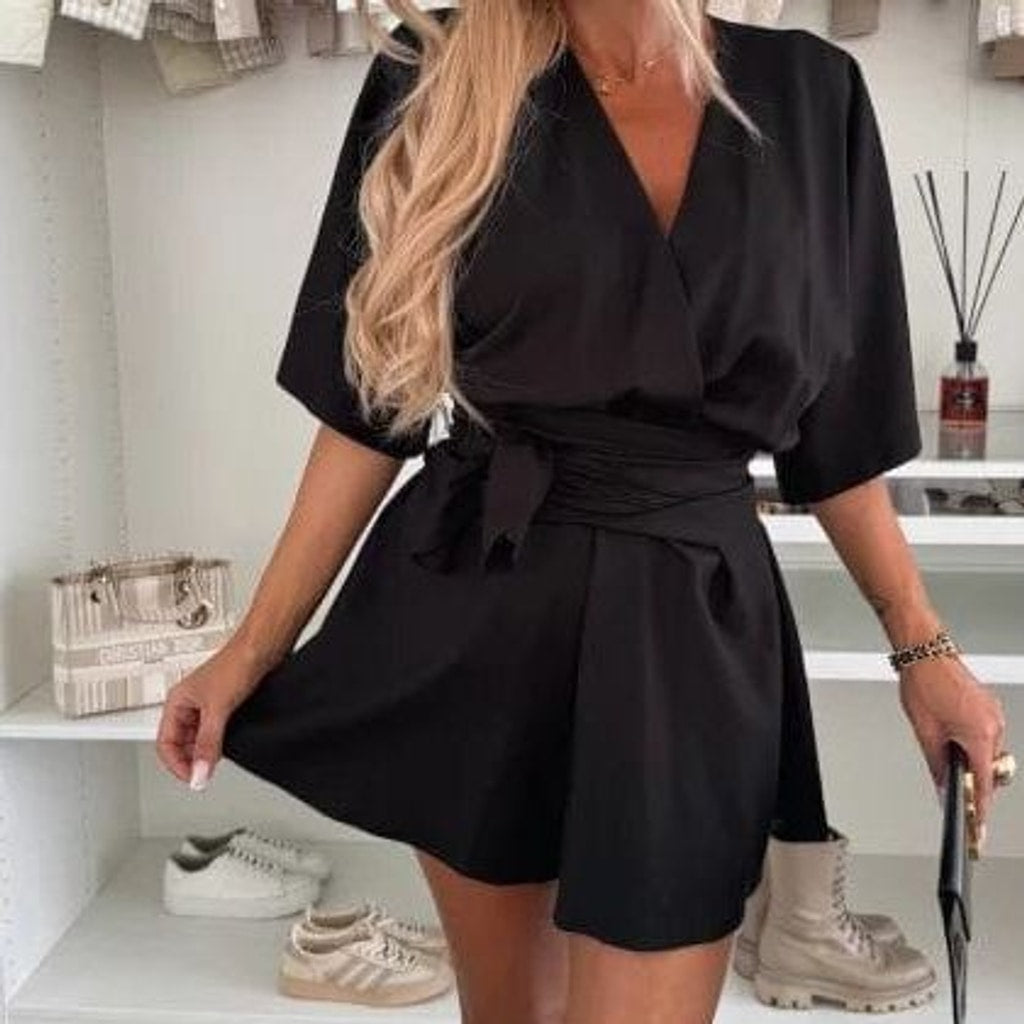 Women's Short Sleeve Wrap Mini Dress in Black