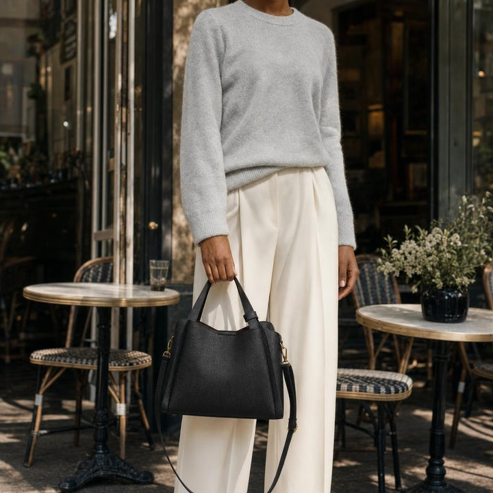 Women's Pebbled Crossbody Tote Bag in Black, front view