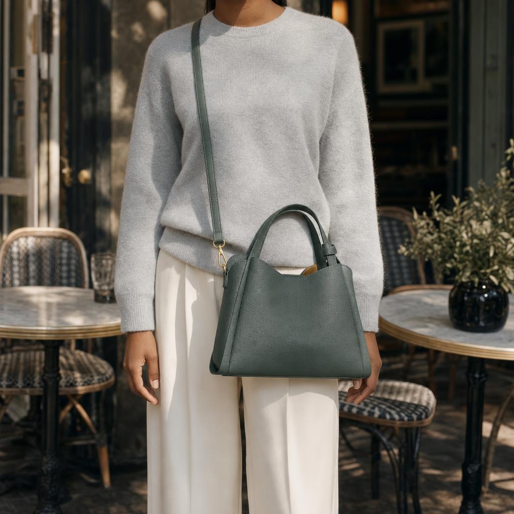 Women's Pebbled Crossbody Tote Bag in Green, front view
