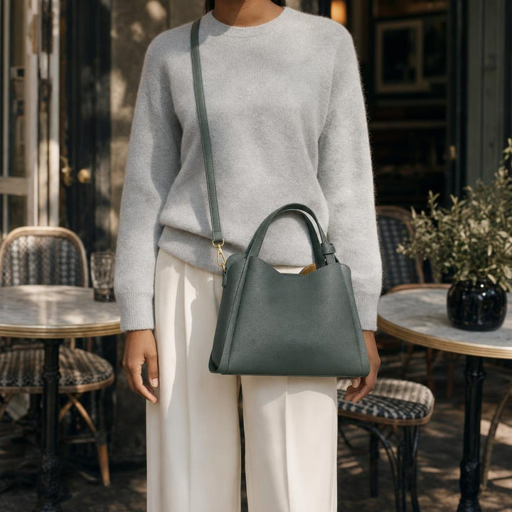 Women's Pebbled Crossbody Tote Bag in Green, front view