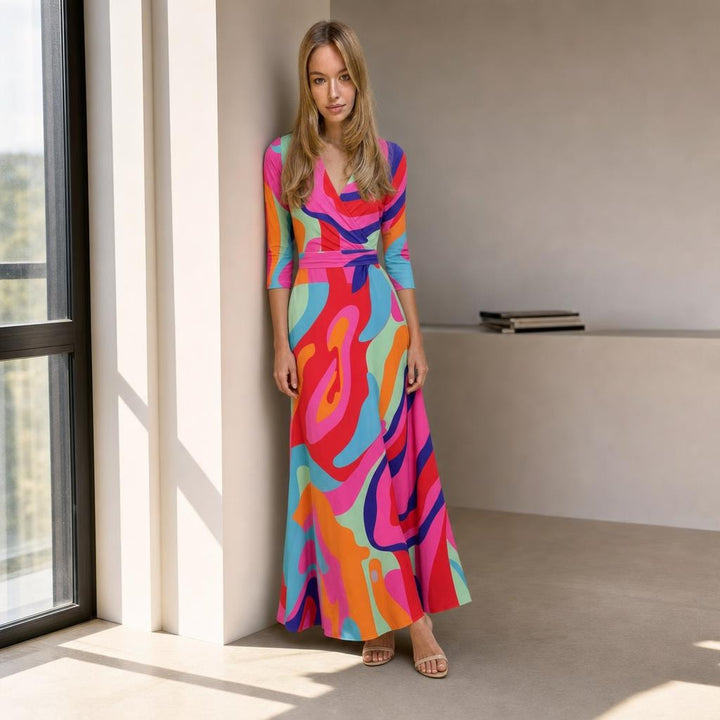Women's Mid Sleeve Floral Maxi Dress in Multicolor, front view