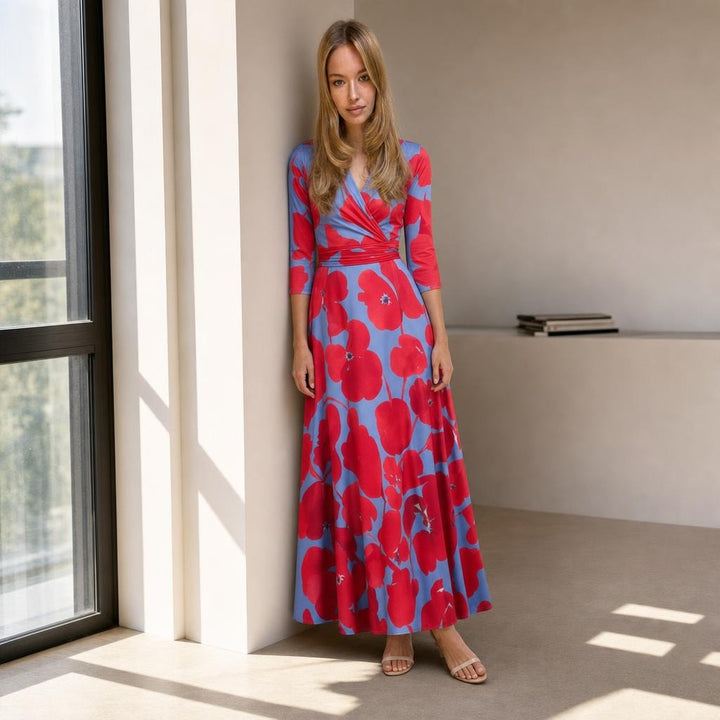 Women's Mid Sleeve Floral Maxi Dress in Red/Blue, front view