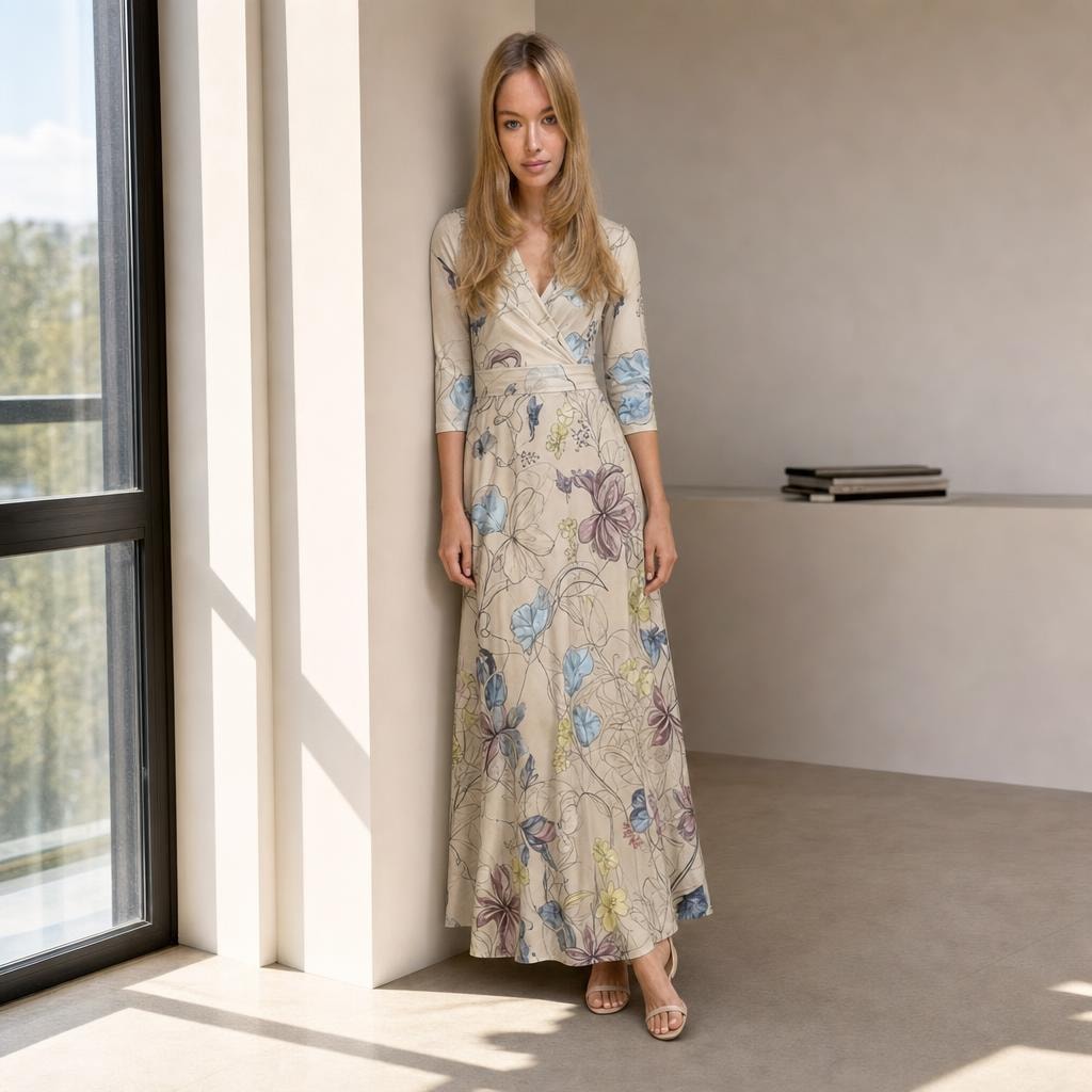 Women's Mid Sleeve Floral Maxi Dress in Sand/Beige, front view