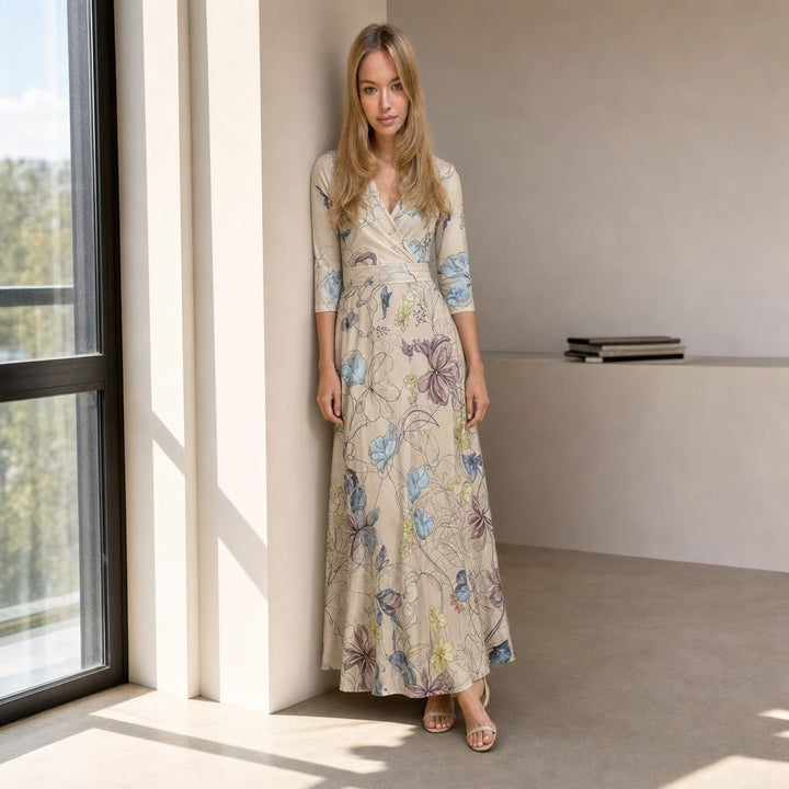 Women's Mid Sleeve Floral Maxi Dress in Sand/Beige, front view