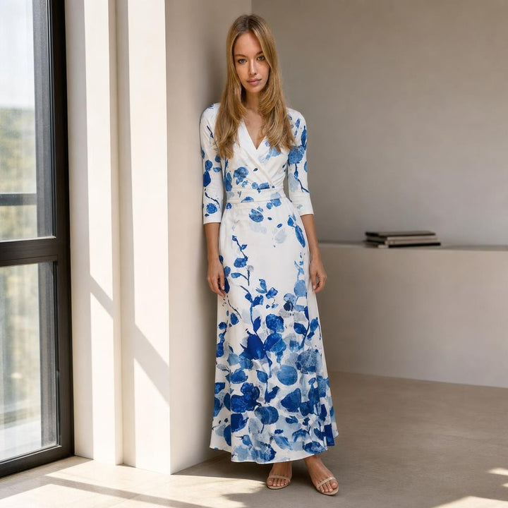 Women's Mid Sleeve Floral Maxi Dress in White/Blue, front view