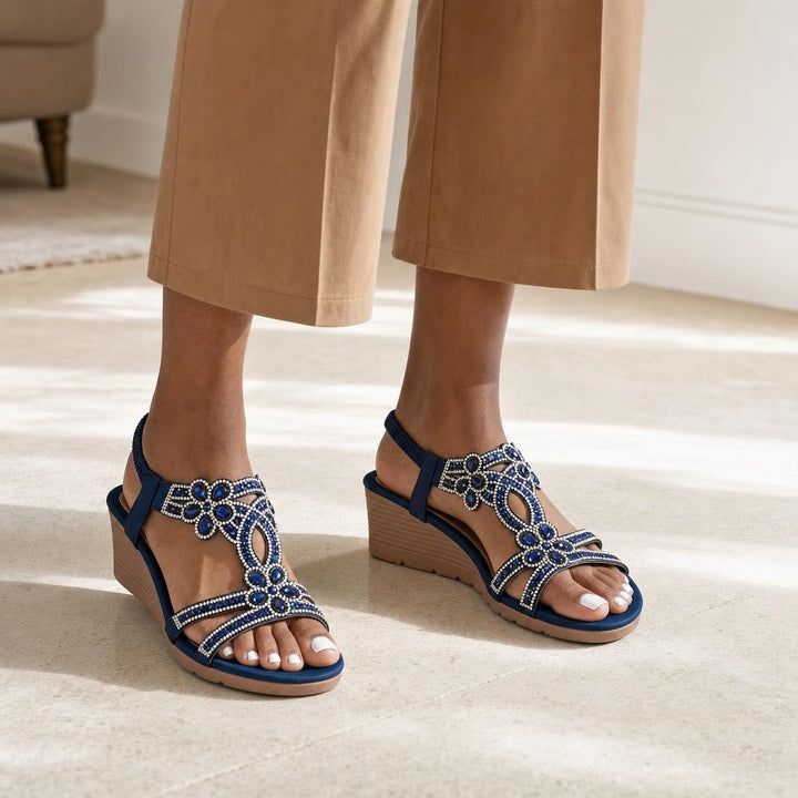Women's Embellished Wedge Sandals in Blue, front view