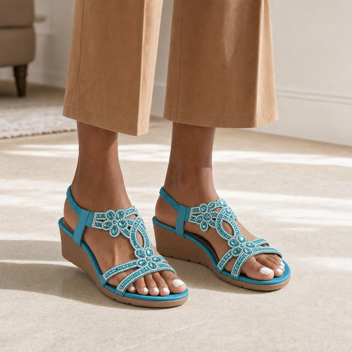 Women's Embellished Wedge Sandals in Light Blue, front view