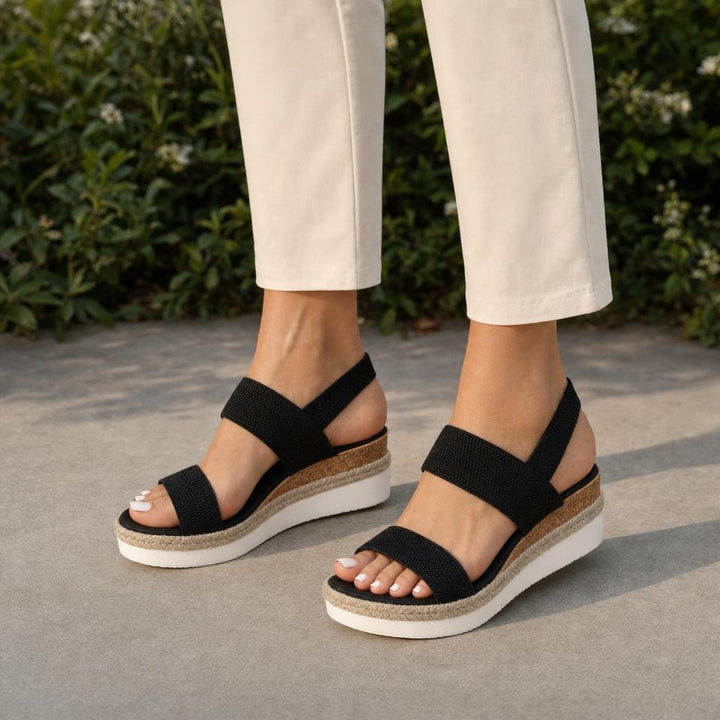 Women's Comfort Wedge Sandals in Black, front view