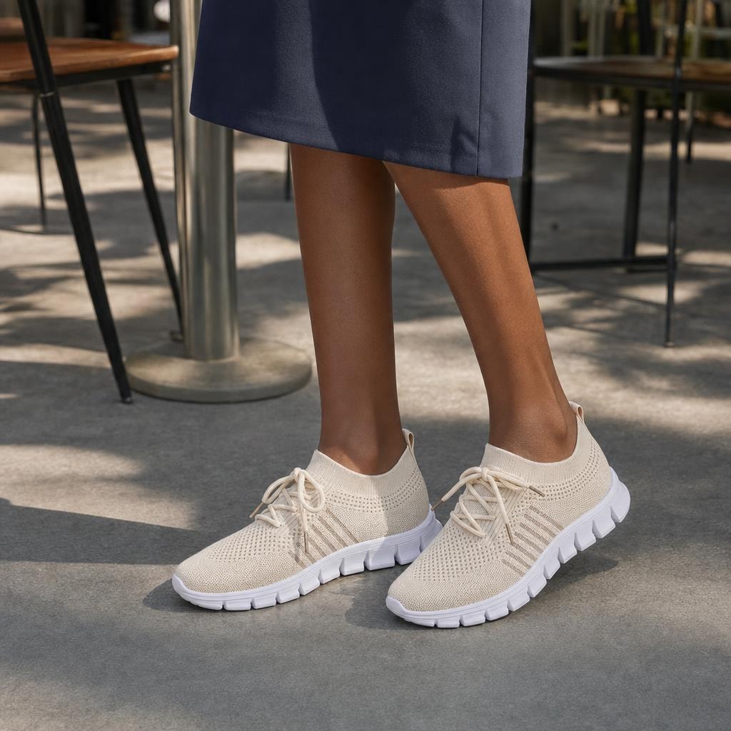 Women's Knit Lace Up Shoes in Beige, front view