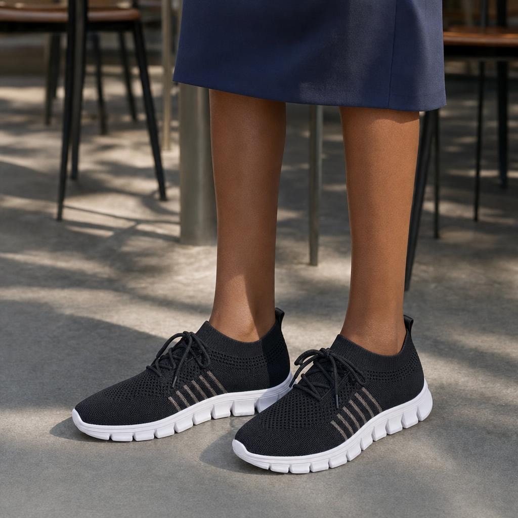Women's Knit Lace Up Shoes in Black, front view