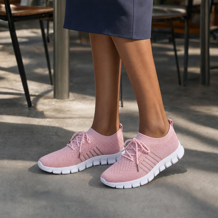 Women's Knit Lace Up Shoes in Pink, front view