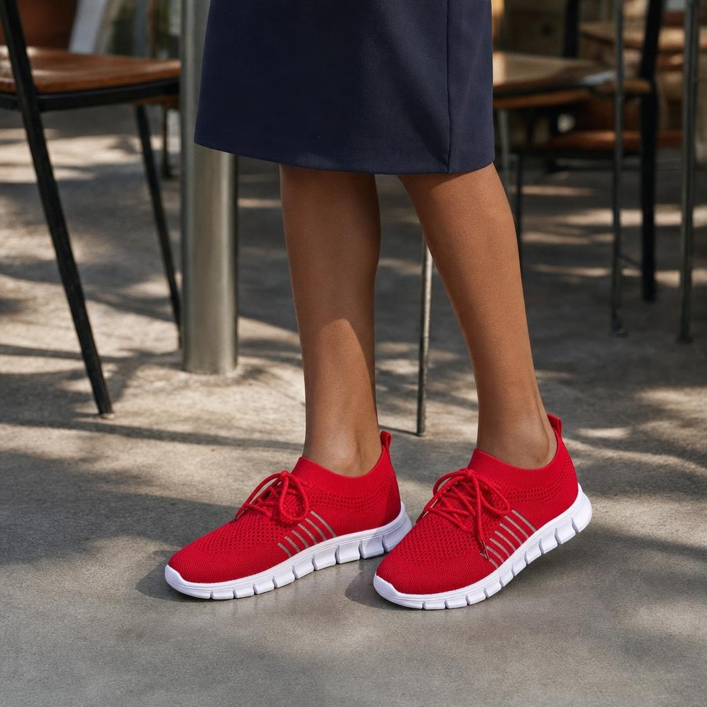 Women's Knit Lace Up Shoes in Red, front view