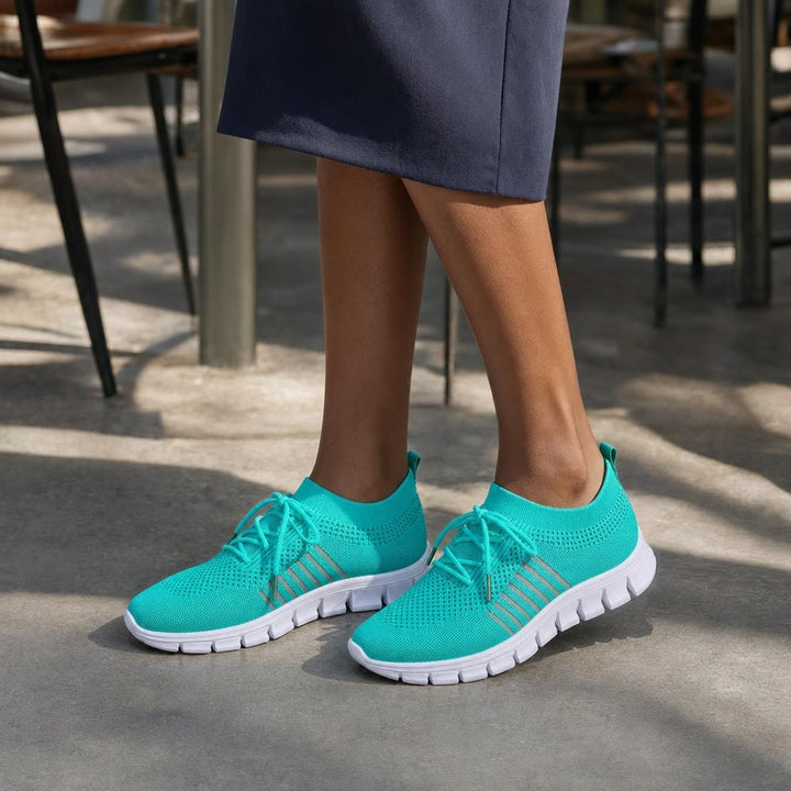 Women's Knit Lace Up Shoes in Turquoise, front view