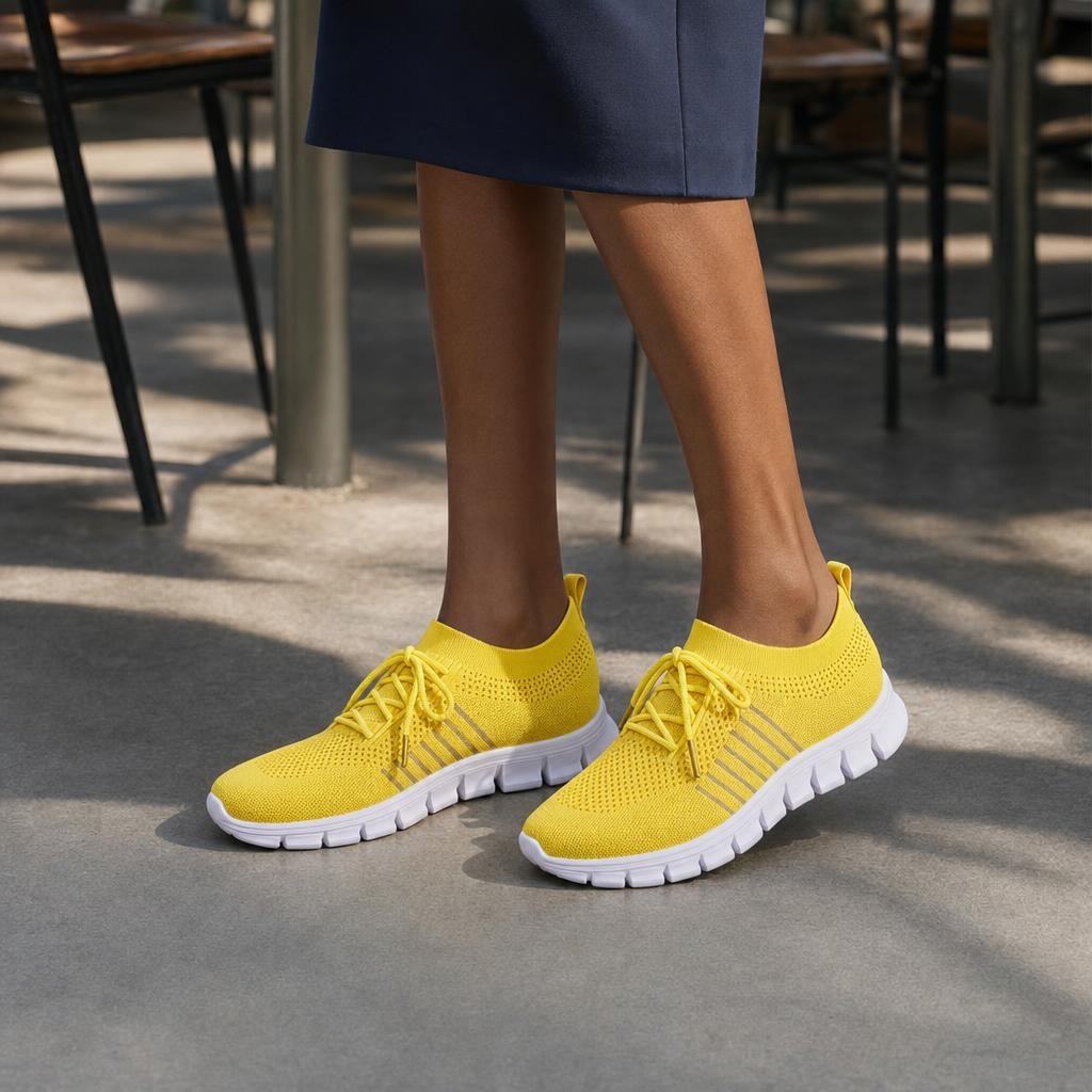 Women's Knit Lace Up Shoes in Yellow, front view