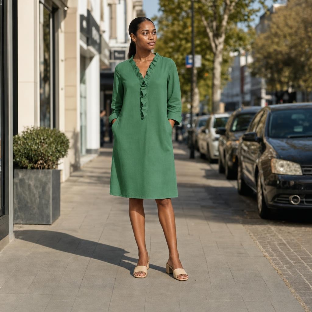 Women's V Neck Ruffled Long Sleeve Dress in Green, front view