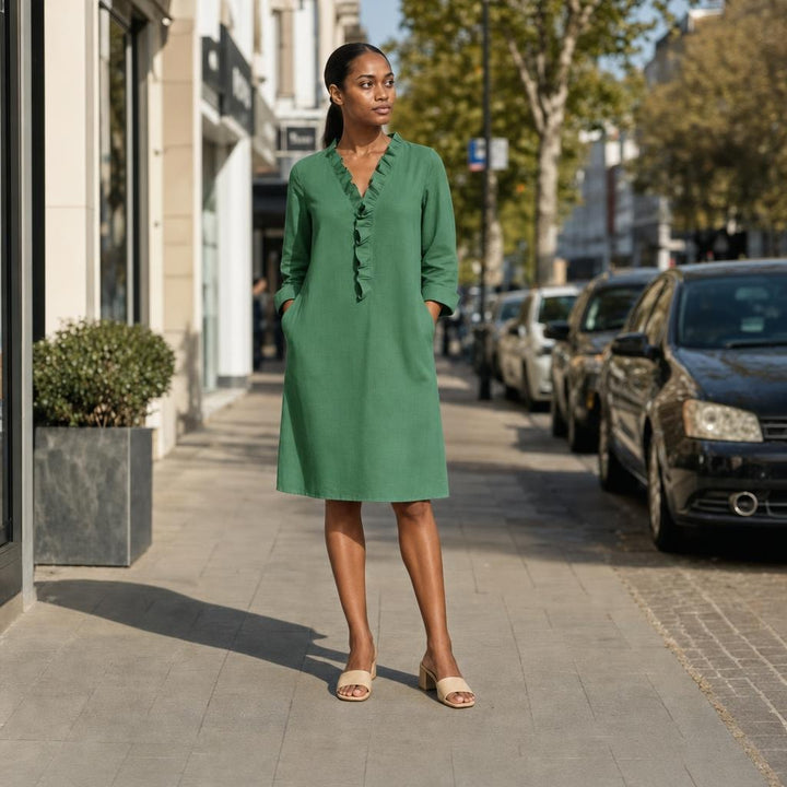 Women's V Neck Ruffled Long Sleeve Dress in Green, front view