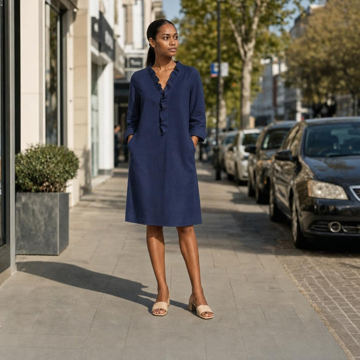 Women's V Neck Ruffled Long Sleeve Dress in Navy Blue, front view