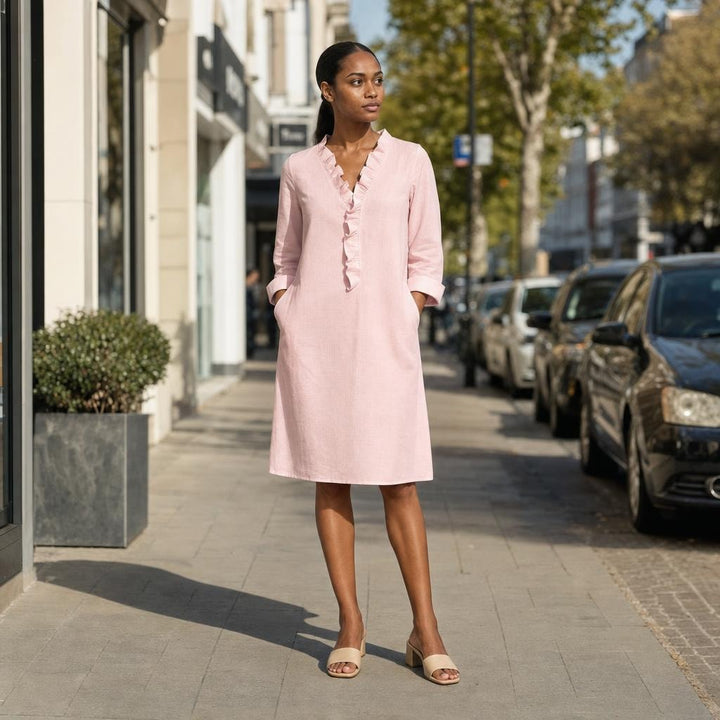 Women's V Neck Ruffled Long Sleeve Dress in Pink, front view
